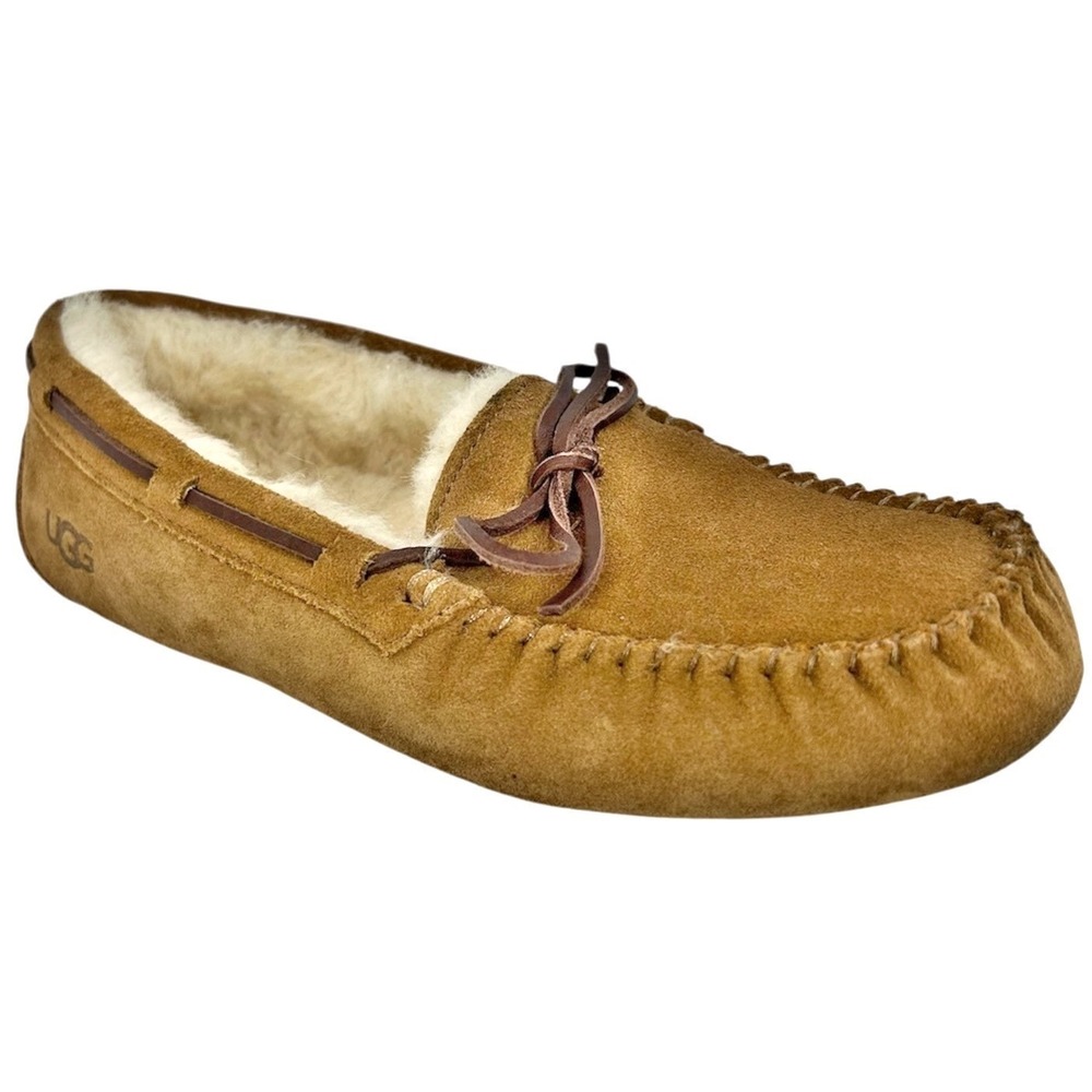 UGG Dakota Moccasin Slippers Womens 7 Chestnut Tan Suede Shearling Fur Wool Shoe
